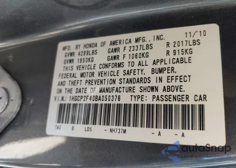 2011 Honda Accord 2.4 Lx-P z USA, uszkodzony, nr VIN 1HGCP2F40BA050376